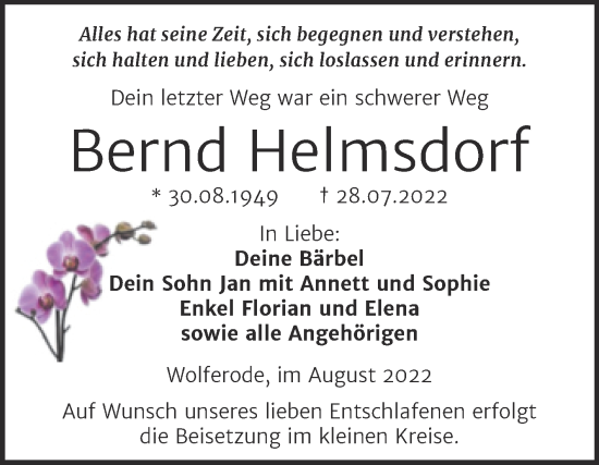 Traueranzeige von Bernd Helmsdorf von Trauerkombi Mansfelder Land