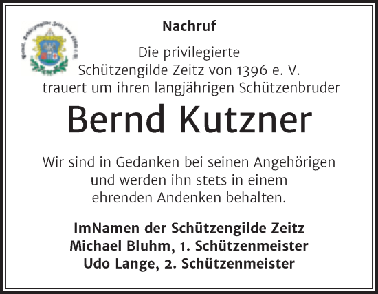 Traueranzeige von Bernd Kutzner von Trauerkombi Zeitz