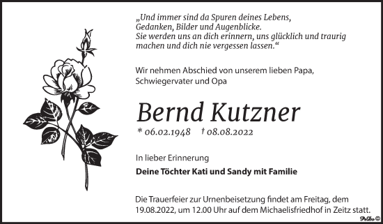 Traueranzeige von Bernd Kutzner von Trauerkombi Zeitz