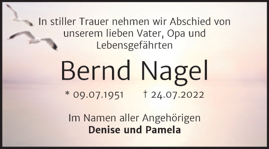 Traueranzeige von Bernd Nagel von Trauerkombi Köthen