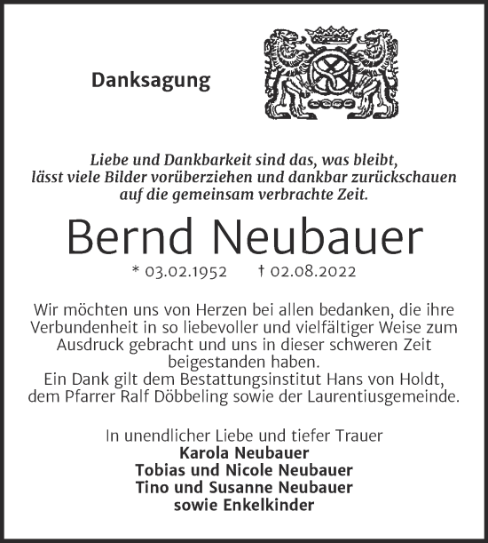 Traueranzeige von Bernd Neubauer von Mitteldeutsche Zeitung Halle/Saalkreis