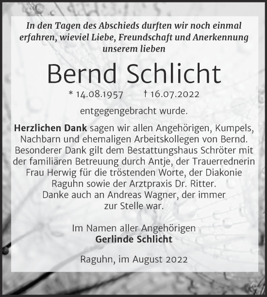 Traueranzeige von Bernd Schlicht von Trauerkombi Bitterfeld