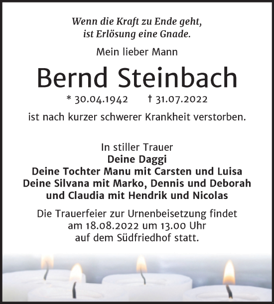 Traueranzeige von Bernd Steinbach von Mitteldeutsche Zeitung Halle/Saalkreis