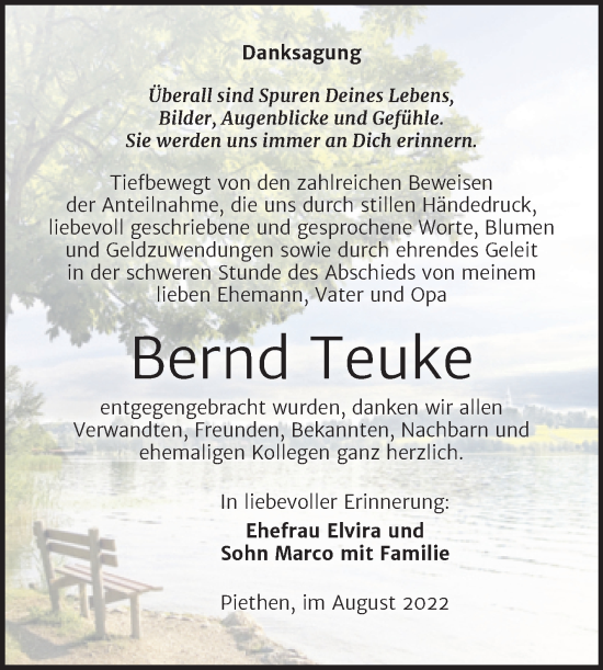 Traueranzeige von Bernd Teuke von Trauerkombi Köthen