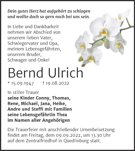 Traueranzeige von Bernd Ulrich von Trauerkombi Quedlinburg