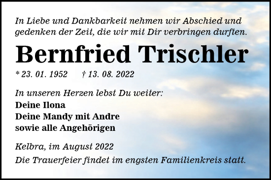 Traueranzeige von Bernfried Trischler von Trauerkombi Sangerhausen