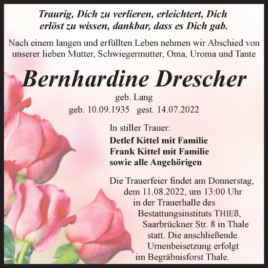 Traueranzeige von Bernhardine Drescher von Trauerkombi Quedlinburg