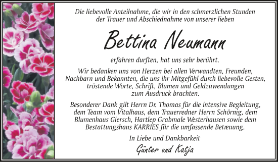 Traueranzeige von Bettina Neumann von Trauerkombi Quedlinburg