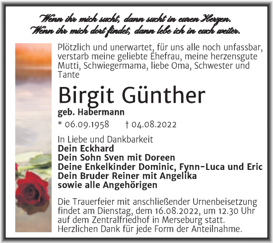 Traueranzeige von Birgit Günther von Trauerkombi Merseburg
