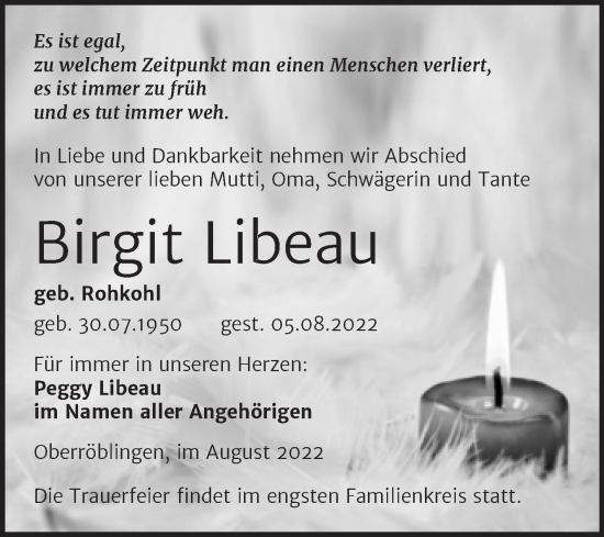 Traueranzeige von Birgit Libeau von Trauerkombi Sangerhausen