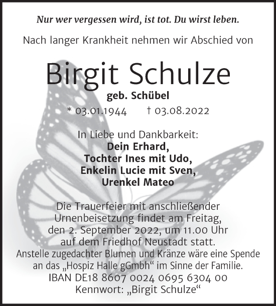 Traueranzeige von Birgit Schulze von Mitteldeutsche Zeitung Halle/Saalkreis
