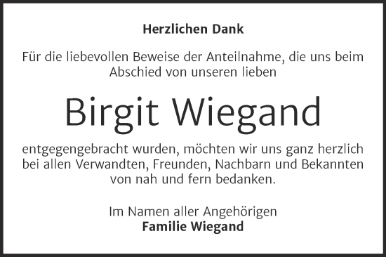 Traueranzeige von Birgit Wiegand von Trauerkombi Wittenberg