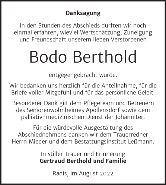 Traueranzeige von Bodo Berthold von Trauerkombi Wittenberg
