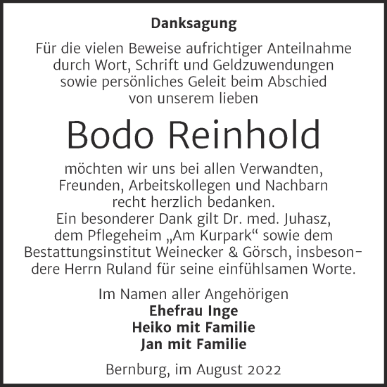 Traueranzeige von Bodo Reinhold von Trauerkombi Bernburg