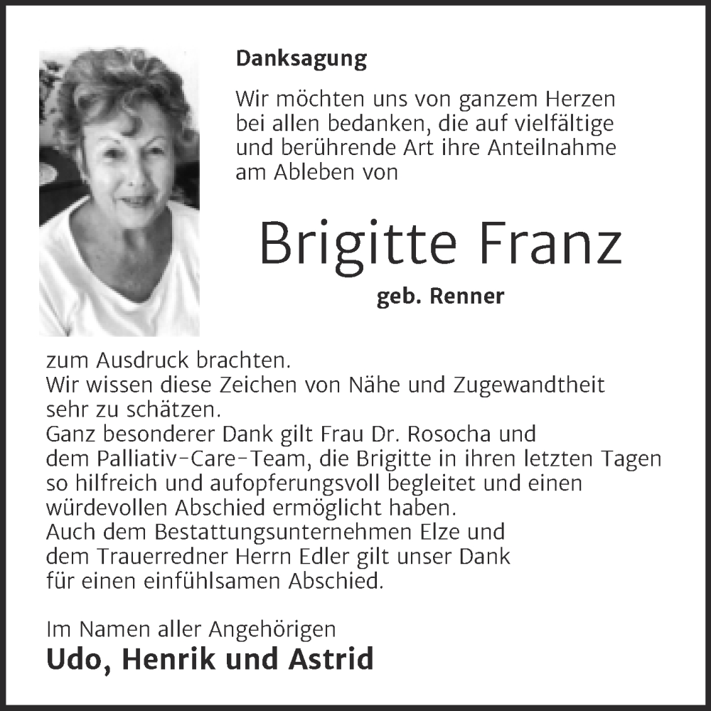 Traueranzeigen von Brigitte Franz | www.abschied-nehmen.de