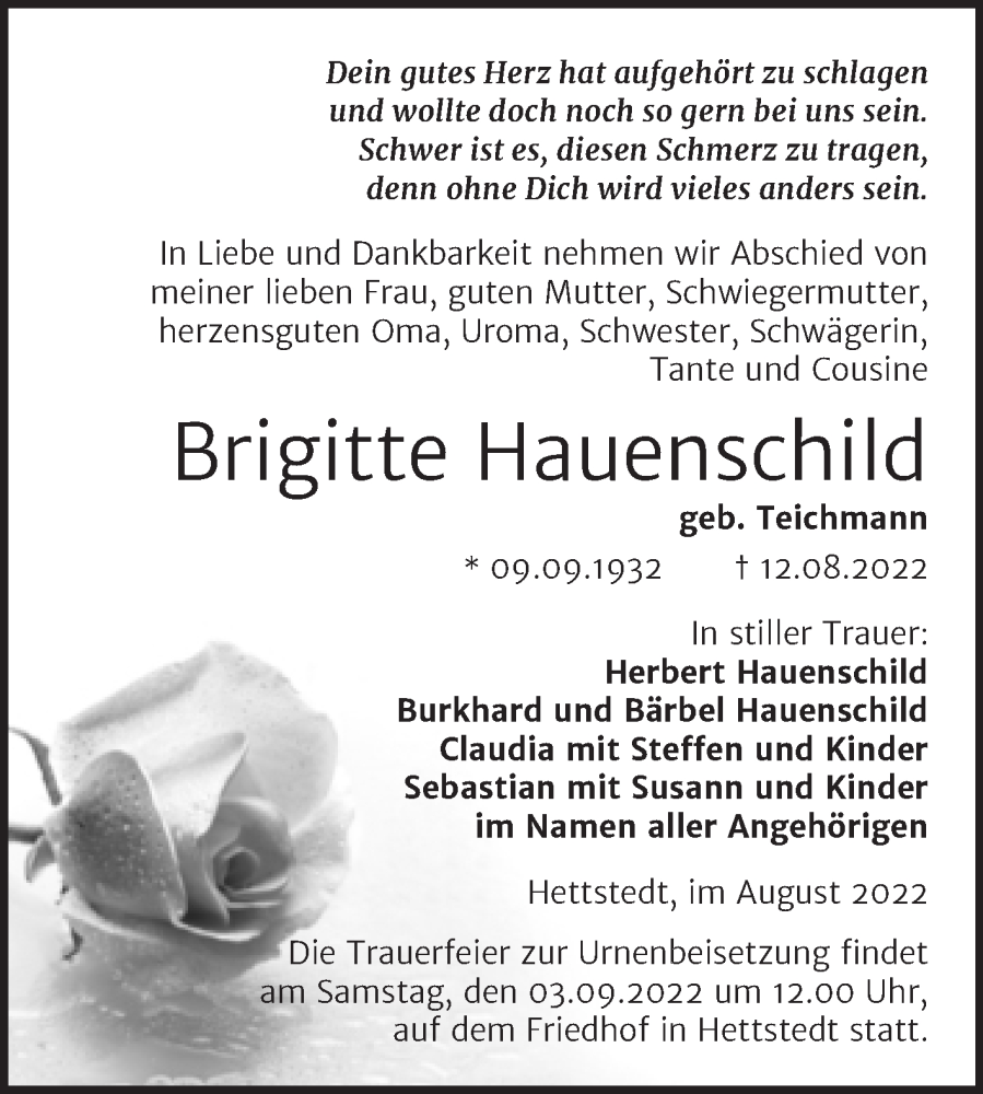  Traueranzeige für Brigitte Hauenschild vom 19.08.2022 aus Trauerkombi Mansfelder Land
