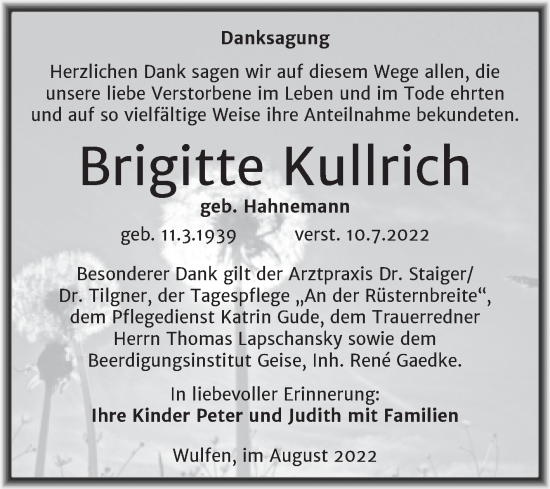 Traueranzeige von Brigitte Kullrich von Trauerkombi Köthen