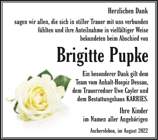 Traueranzeige von Brigitte Pupke von Trauerkombi Aschersleben