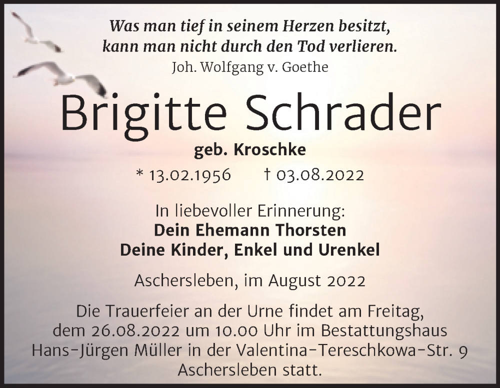  Traueranzeige für Brigitte Schrader vom 16.08.2022 aus Trauerkombi Aschersleben