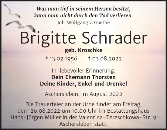 Traueranzeige von Brigitte Schrader von Trauerkombi Aschersleben