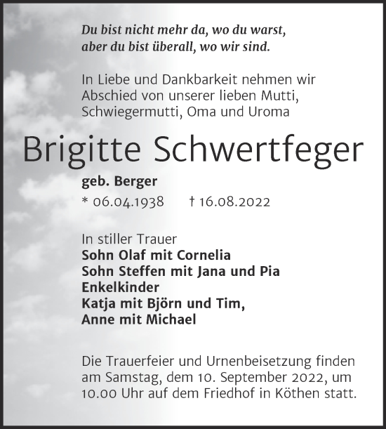 Traueranzeige von Brigitte Schwertfeger von Trauerkombi Köthen