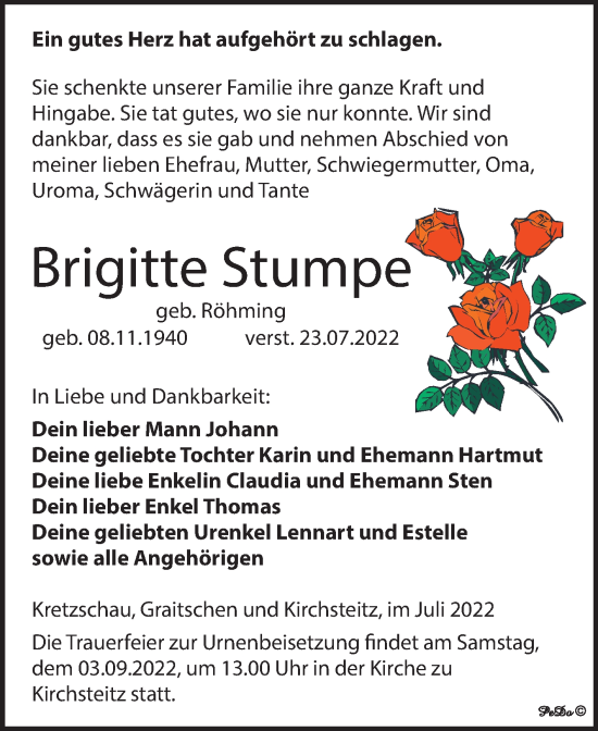 Traueranzeige von Brigitte Stumpe von Trauerkombi Zeitz