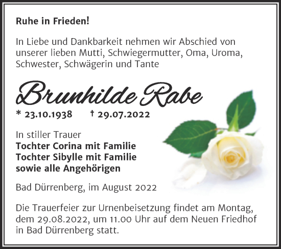 Traueranzeige von Brunhilde Rabe von Trauerkombi Merseburg