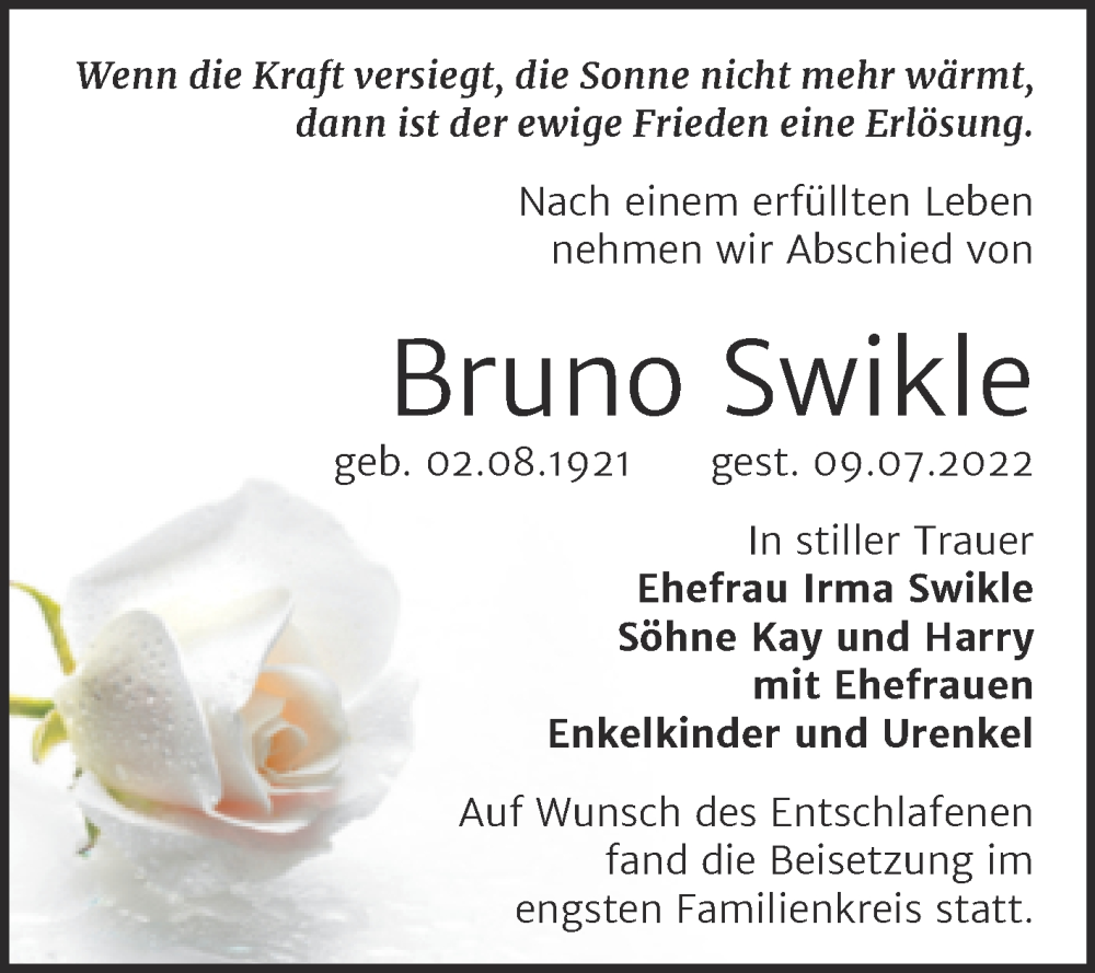  Traueranzeige für Bruno Swikle vom 10.08.2022 aus Trauerkombi Weißenfels