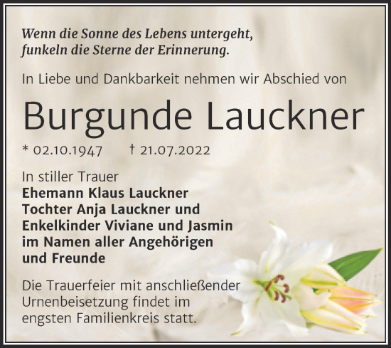 Traueranzeige von Burgunde Lauckner von Mitteldeutsche Zeitung Halle/Saalkreis