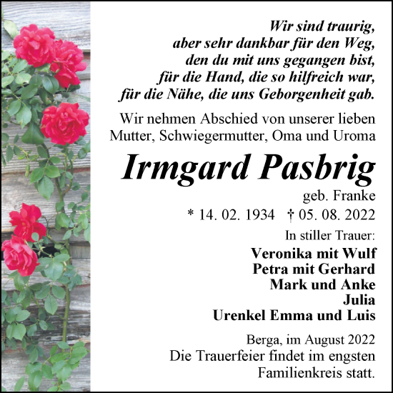 Traueranzeige von Irmgard Pasbrig von Trauerkombi Sangerhausen