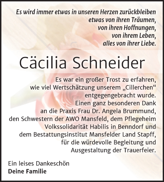Traueranzeige von Cäcilia Schneider von Trauerkombi Mansfelder Land