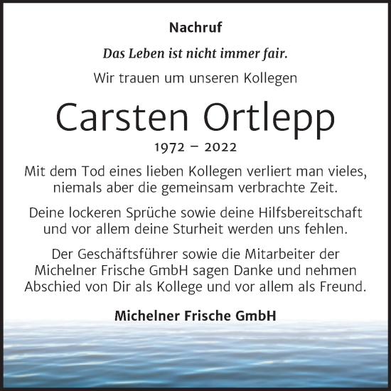Traueranzeige von Carsten Ortlepp von Super Sonntag Köthen