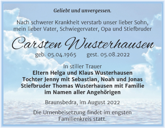 Traueranzeige von Carsten Wusterhausen von Trauerkombi Merseburg
