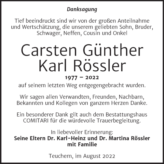 Traueranzeige von Carsten Günther Karl Rössler von Trauerkombi Weißenfels