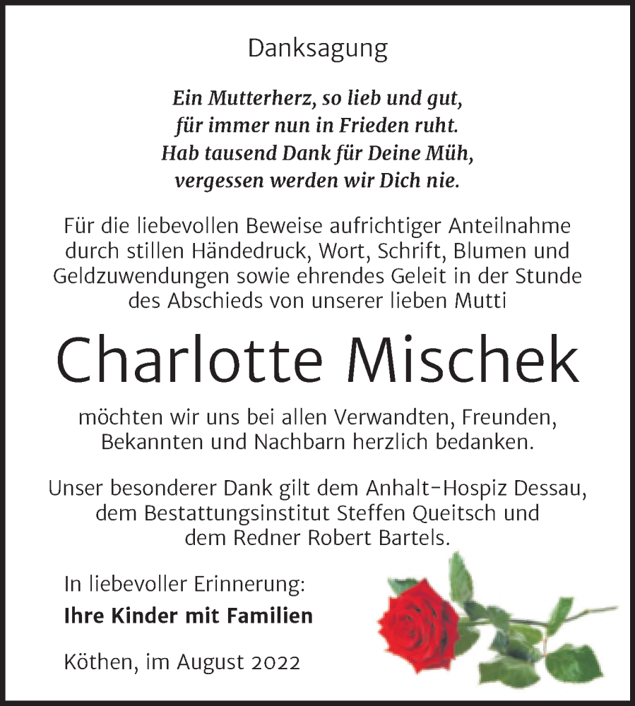  Traueranzeige für Charlotte Mischek vom 19.08.2022 aus Trauerkombi Köthen