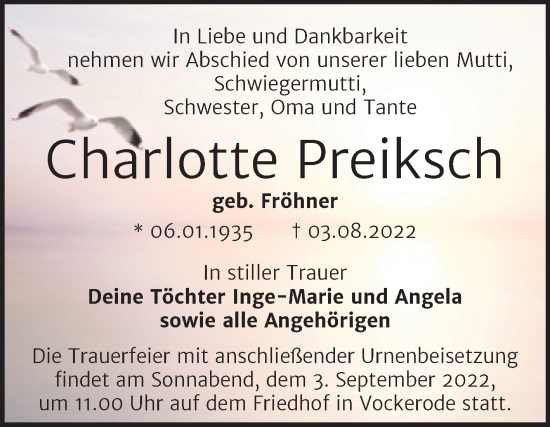 Traueranzeige von Charlotte Preiksch von Trauerkombi Wittenberg