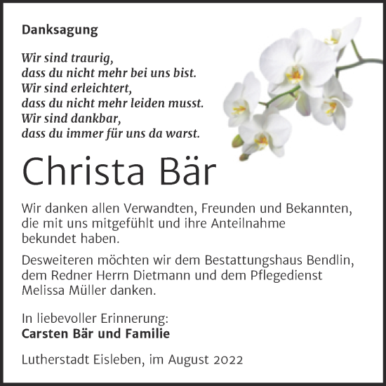 Traueranzeige von Christa Bär von Trauerkombi Mansfelder Land