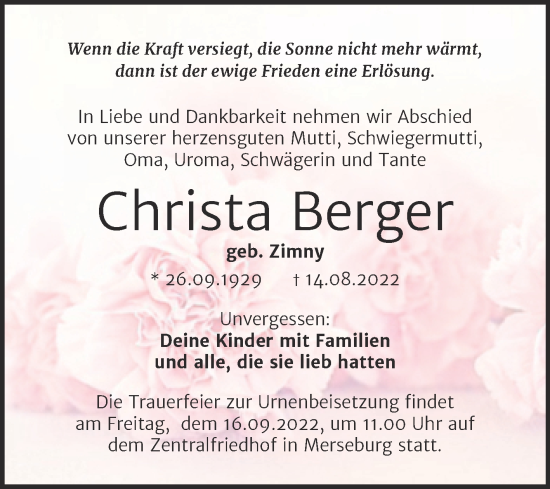 Traueranzeige von Christa Berger von Trauerkombi Merseburg