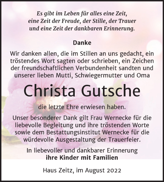 Traueranzeige von Christa Gutsche von Trauerkombi Bernburg