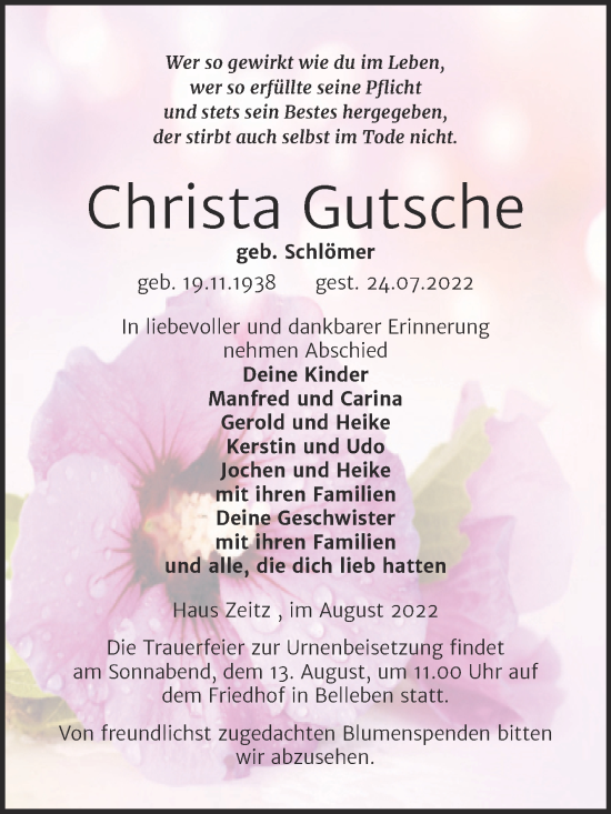 Traueranzeige von Christa Gutsche von Trauerkombi Bernburg
