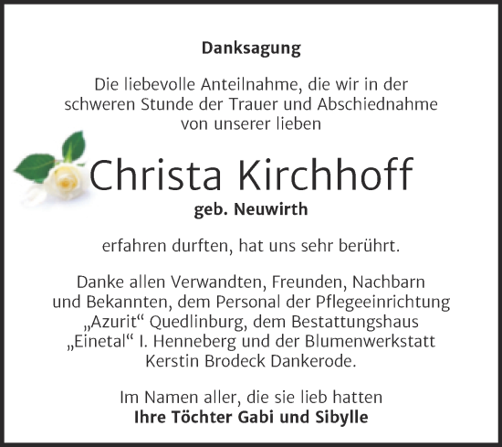 Traueranzeige von Christa Kirchhoff von Super Sonntag Quedlingburg