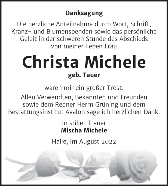 Traueranzeige von Christa Michele von Mitteldeutsche Zeitung Halle/Saalkreis