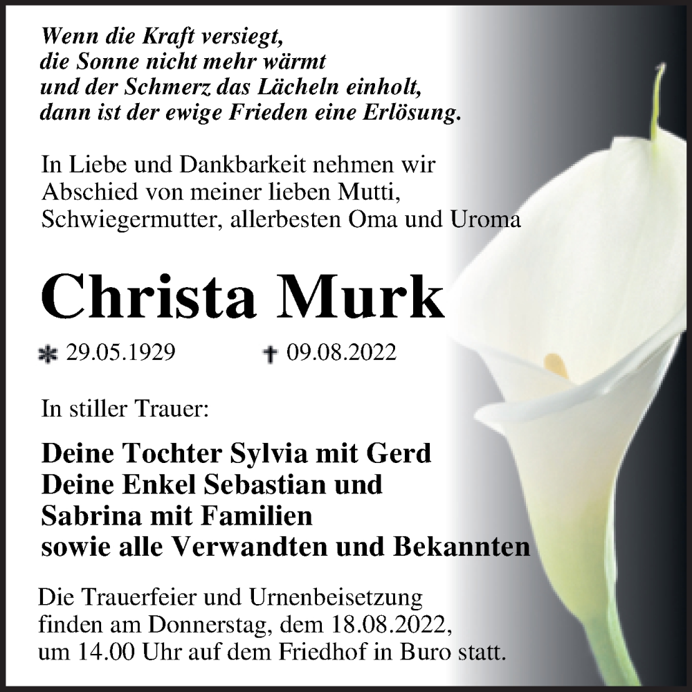  Traueranzeige für Christa Murk vom 13.08.2022 aus Trauerkombi Dessau