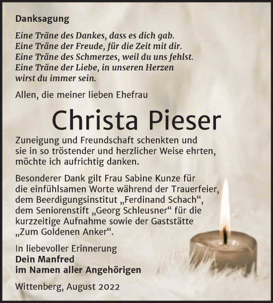Traueranzeige von Christa Pieser von Trauerkombi Wittenberg
