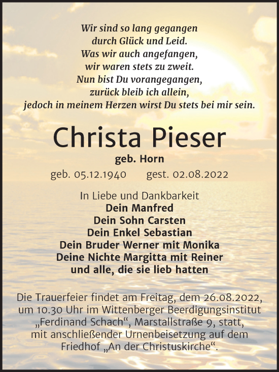 Traueranzeige von Christa Pieser von Trauerkombi Wittenberg