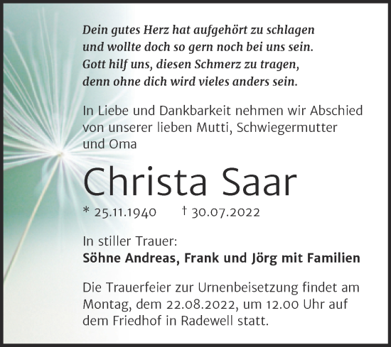 Traueranzeige von Christa Saar von Mitteldeutsche Zeitung Halle/Saalkreis