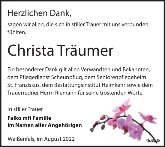 Traueranzeige von Christa Träumer von Trauerkombi Weißenfels