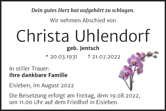Traueranzeige von Christa Uhlendorf von Trauerkombi Mansfelder Land