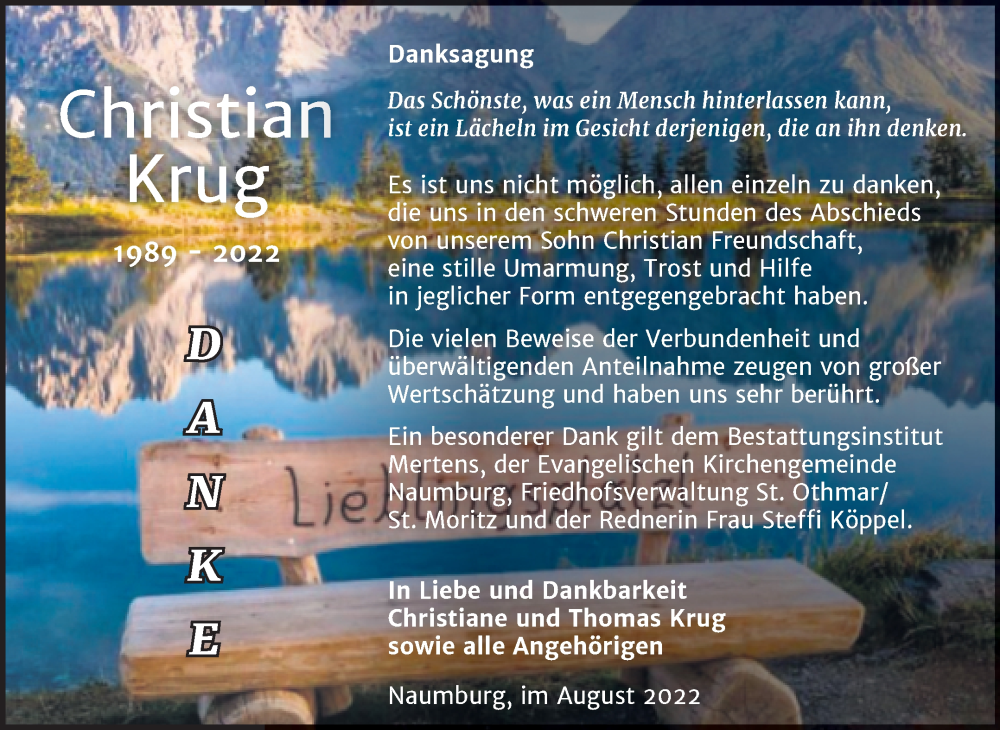  Traueranzeige für Christian Krug vom 31.08.2022 aus Wochenspiegel Naumburg/Nebra