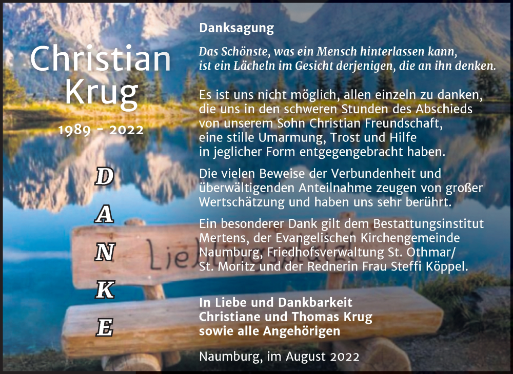  Traueranzeige für Christian Krug vom 24.08.2022 aus Wochenspiegel Naumburg/Nebra